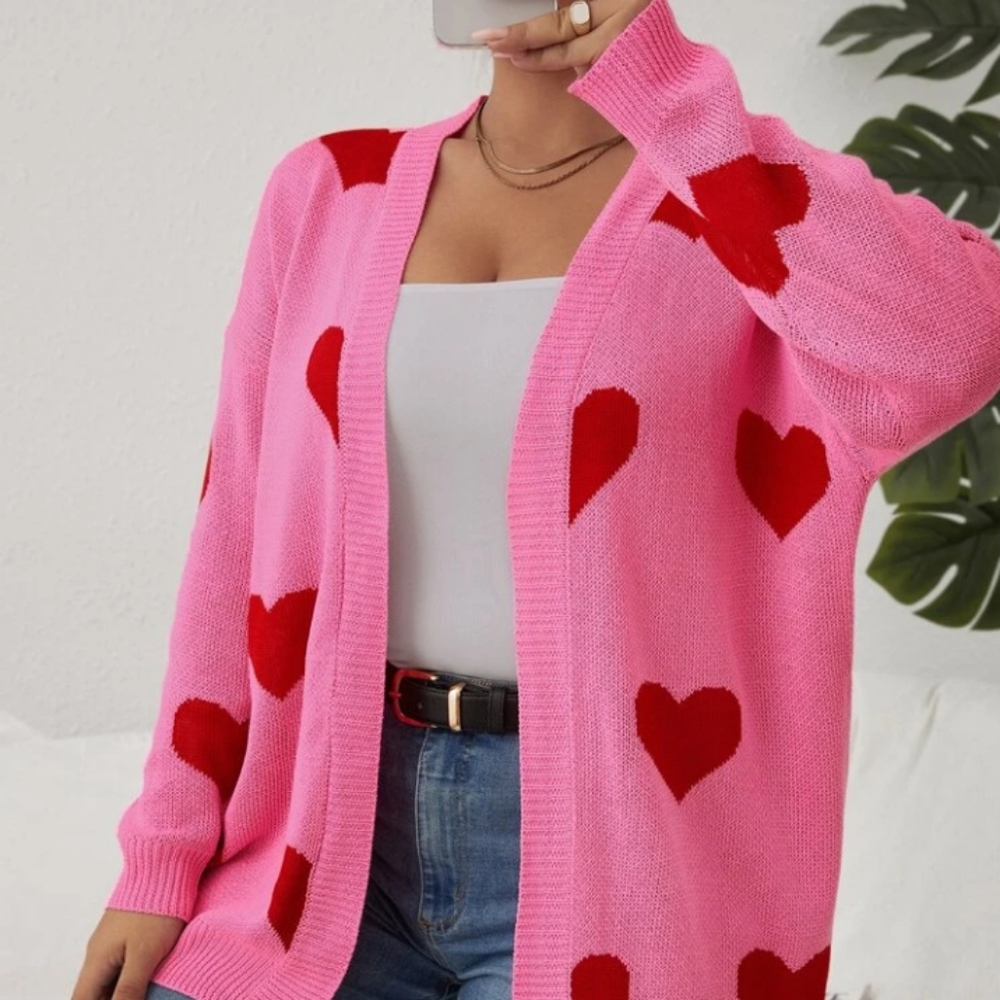 SHEIN Plus heart pattern pink with red ♥️ heart pattern cardigan duster.